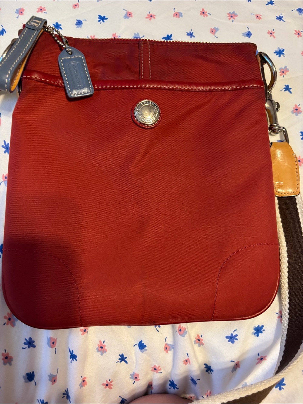 Coach Red Nylon Crossbody with Brown Trim and Striped Strap